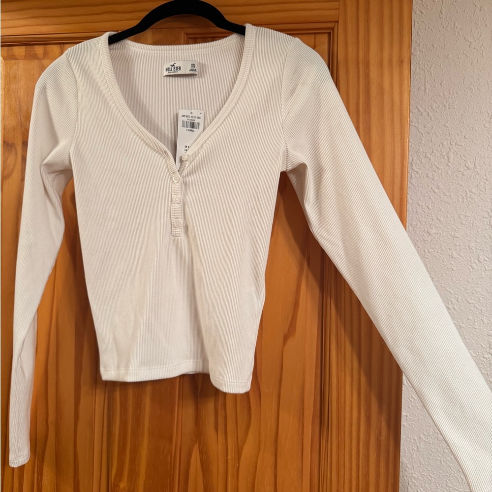Hollister White Ribbed Henley Long Sleeve